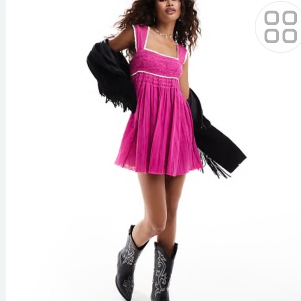 Free People Heartland Mini Dress Pink Lace Babydoll Boho sz L NWT - Picture 6 of 12